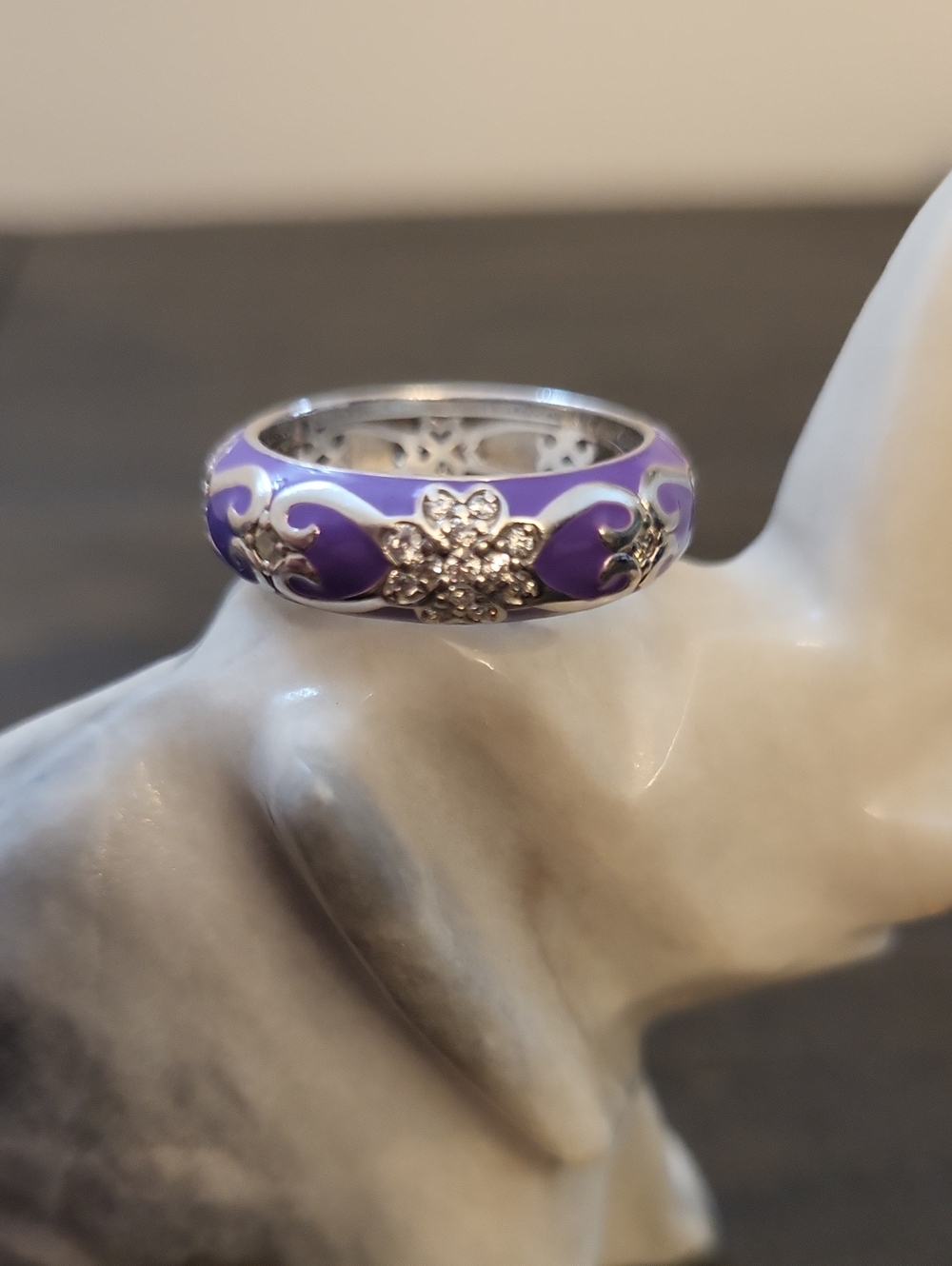 Sterling Silver 925 Purple Enamel CZ Floral wide band ring